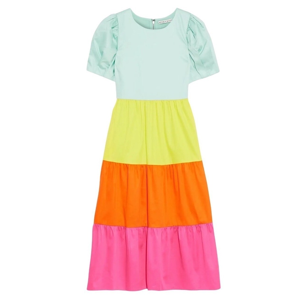 NEW ALICE + OLIVIA Linnie Tiered Rainbow Puff‎ Sleeve Poplin Midi Dress Size 8 - Picture 2 of 9
